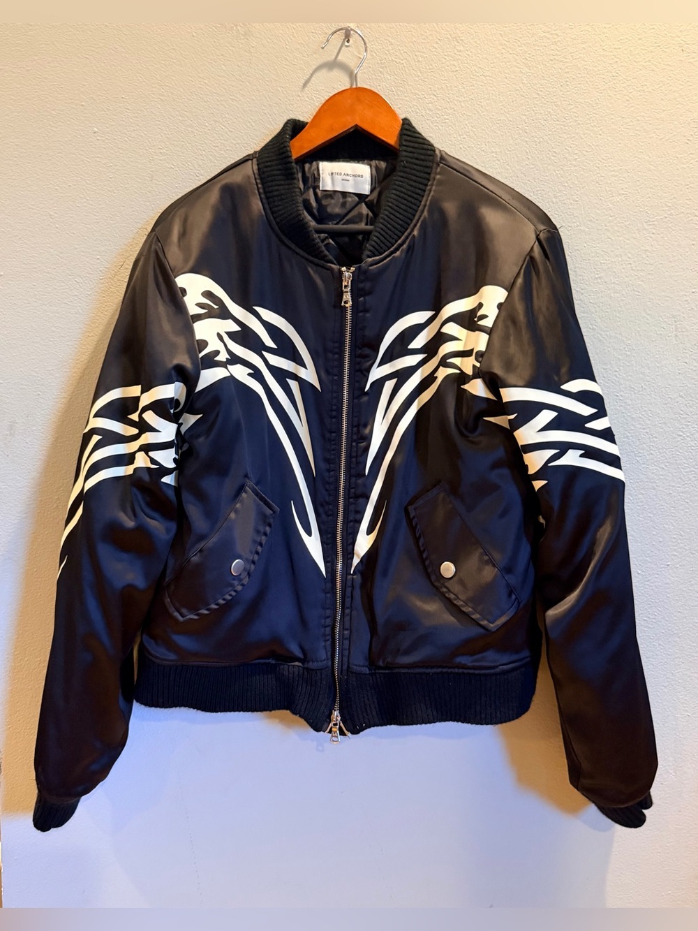 Lifted Anchors Black Satin Quilted Bomber Jacket w/ White Tribal Print NWOT